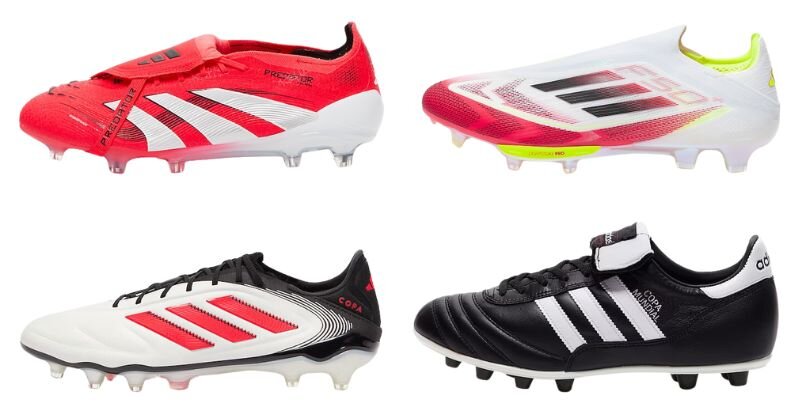 adidas football boots image, showing adidas predator in red, adidas f50 in white, copa mundial in black, and copa pure in black and white
